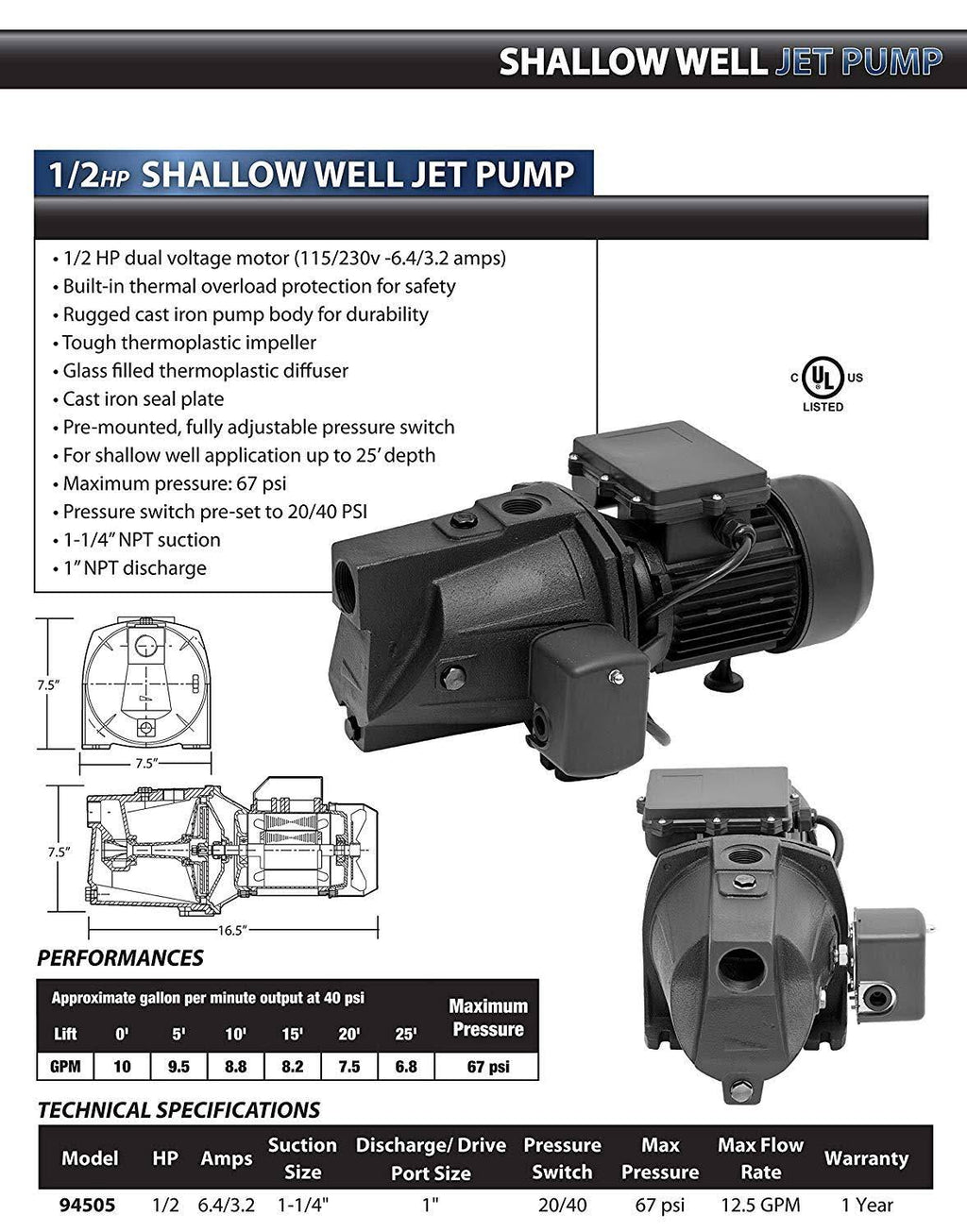 Superior 1/2 HP Cast Iron Shallow Well Jet Pump 94505