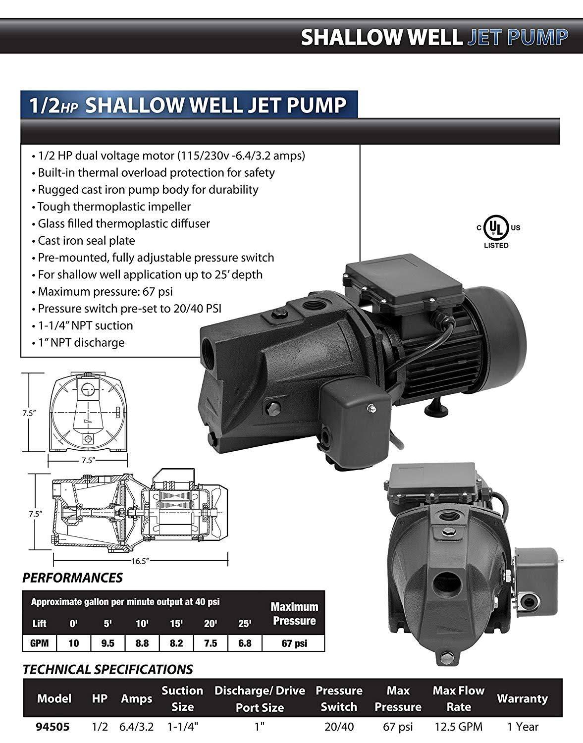 Superior 1/2 HP Cast Iron Shallow Well Jet Pump 94505