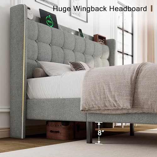 Queen Bed Frame, Upholstered Platform Bed with Charging Station, Modern Wingback Storage Headboard, Solid Wood Slats Support, No Box Spring Needed, Dark Gray