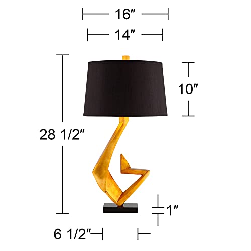 Possini Euro Design Zeus Mid Century Modern Glam Luxury Table Lamp 28.5 Tall Sculptural Gold Leaf Metal Black Fabric Tapered Drum Shade Decor for Living Room Bedroom House Bedside Nightstand Home