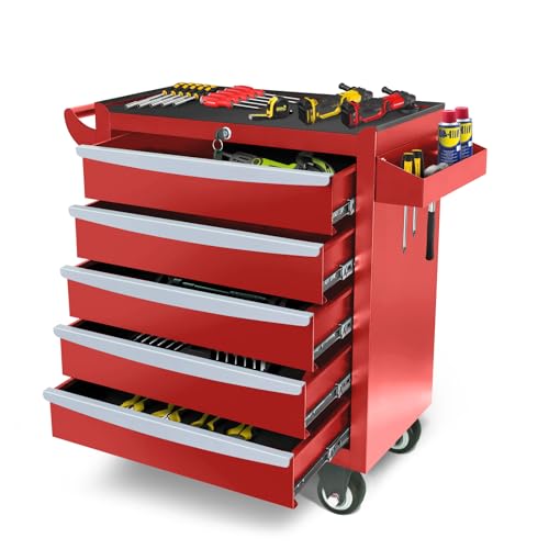 Rolling Tool Chest, Metal Tool Box with 5 Drawers, Lockable Garage Storage Cabinets Sliding Tool Drawer Cart on Wheels Toolbox Organization Workbench for Workshop Warehouse Repair Shop