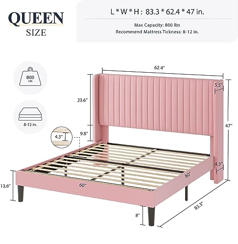Allewie Queen Size Velvet Bed Frame/Vertical Channel Tufted Wingback Headboard/Upholstered Platform Bed/Strong Wooden Slats/No Box Spring Needed/Easy Assembly/Black