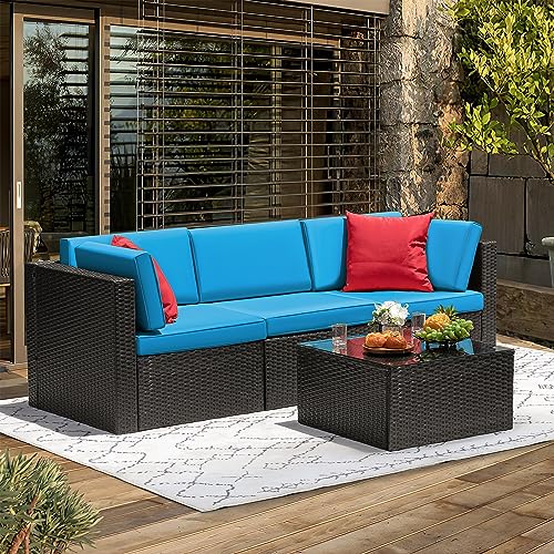 Devoko Patio Furniture Sets 6 Pieces Outdoor Sectional Rattan Sofa Manual Weaving Wicker Patio Conversation Set with Glass Table and Cushion (Beige)