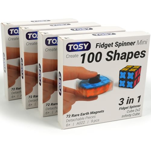 TOSY Magnet Fidget Spinner Mini - 8 Blocks, 3 in 1 Toy: Transformable Fidget Spinner, Infinity Cube, 2x2 Puzzle Cube, Stress Relief, STEM Magnet Tiles Birthday Gift for Kids/Boys/Girls/Adults, 4-Pack