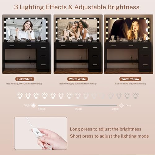 Makeup Vanity Desk with Mirror, 10 Lights, 5 Drawers, 3 Storage Shelves, 3 Color Modes & Adjustable Brightness Dressing Table, 35.4?? Desk, Black