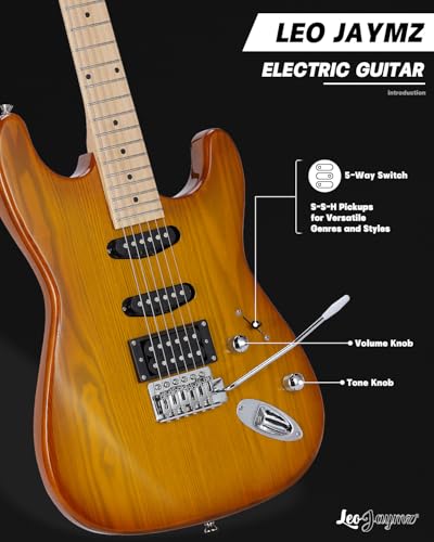 Leo Jaymz 39 Full Size ST Style Electric Guitar Starter Kit with SSH Pickup, 5W Portable Amp, Tuner, Gig Bag, Strap & Accessories (Violet Ocean)