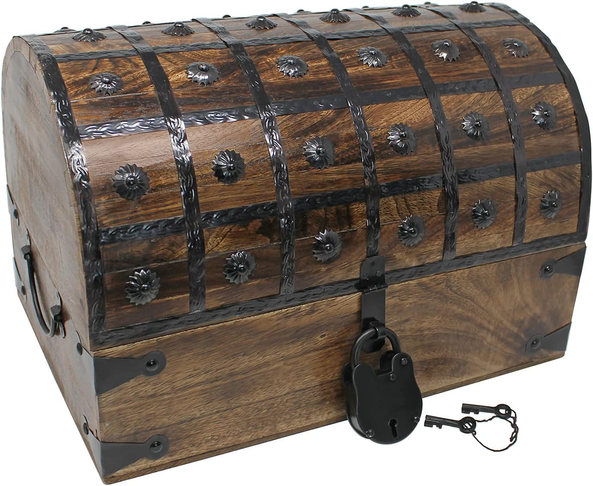 Nautical Cove Pirate Treasure Chest with Iron Lock and Skeleton Key - Storage and Decorative Box (X-Large 16 x 11 x 10.5) Pack of 2