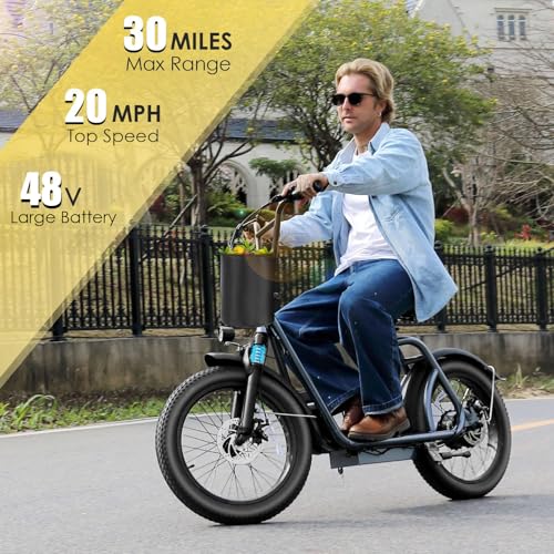 Caroma Peak 800w Electric Scooter Adults 20X3 Fat Tire, 20 MPH Top Speed & 30 Miles Range, Off-Road E Scooter w/Adjustable Seat & Detachable Basket, Foldable Ebike w/Shock Absorption for Commuting