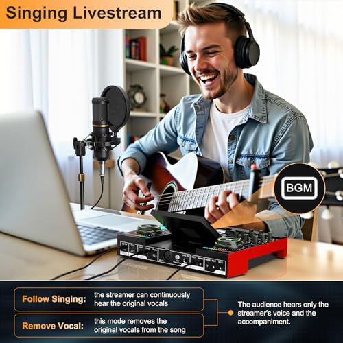 Podcast Microphone Bundle with Live Sound Card Audio Mixer, Podcast Equipment Bundle with 3.5mm Condenser Microphone for Pc/Phone Live Streaming Singing Gaming, Sound Board with Voice Changer, Denoise