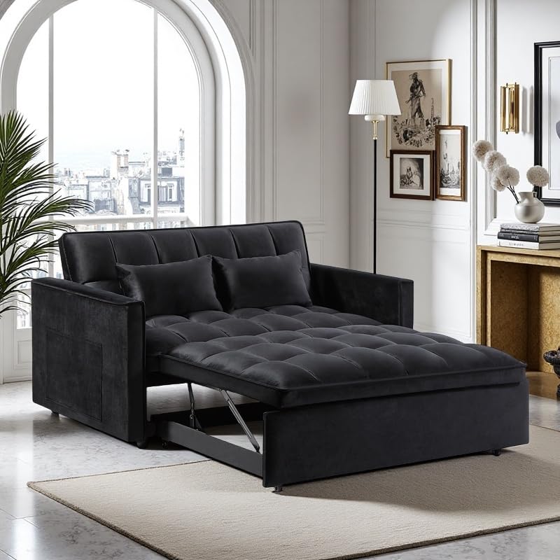 3 in 1 Sleeper Sofa Bed, Futon Sofa Bed for Living Room with Side Pocket, Black Sleepers Sofa Couch with Pullout Bed, Convertible Love Seat Sleepers Bed for Living Room, Bedroom, Small Space