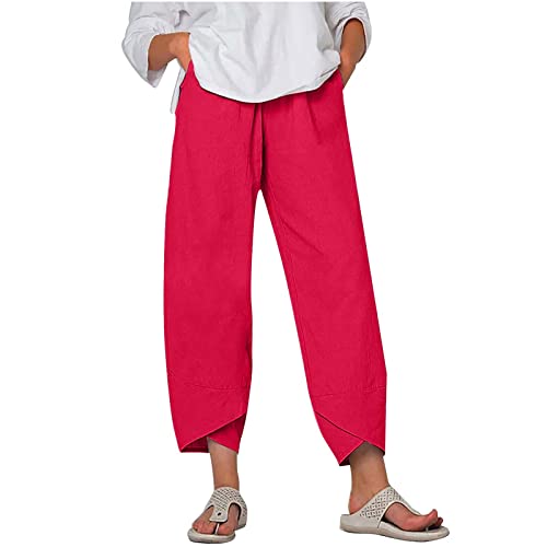 Women's Cotton Linen Casual Summer Harem Pants Solid Color Loose Wide Leg Pant Comfortable Sweatpants with Pocket