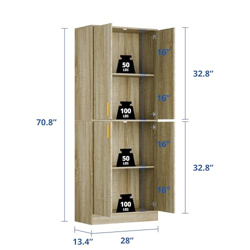Cozy Castle Kitchen Pantry Cabinet, 71 Tall Wood Storage Cabinet with Doors and Shelves 4 Doors Freestanding Cupboard Utility Hutch for Dining Room Living Room Bathroom Furniture, Gray