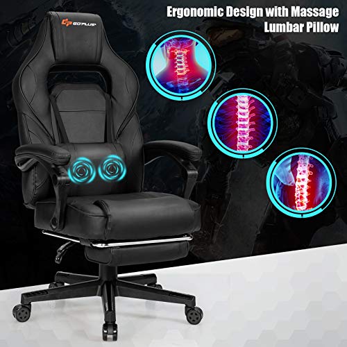 Goplus Massage Gaming Chair, Reclining Backrest, Seat Height Adjustment Racing Computer Office Chair with Footrest, Ergonomic High Back PU Swivel Game Chair (White)