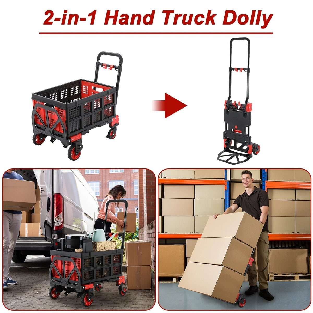 LAZY BUDDY Folding Hand Truck Dolly, 2-in-1 Heavy-duty Platform Cart with 22 Folding Basket, Collapsible Utility Luggage Dolly Cart, Red, 330LBS