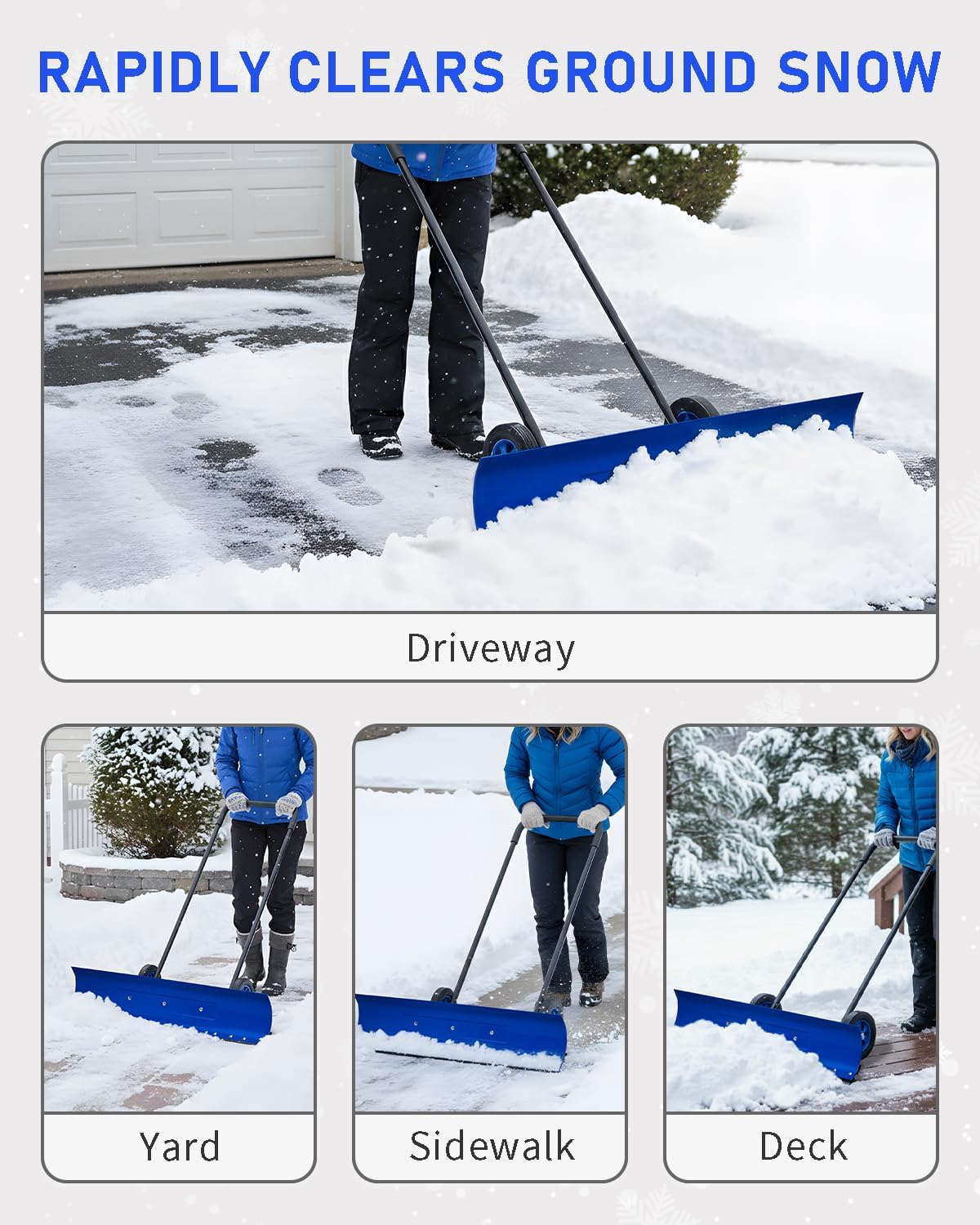 Outvita Snow Shovel with Wheels, 29 Wide 18 Long Snow Plow Shovel Angle & Height Adjustable Padded Handle Efficient Snow Clean Tool for Driveway or Pavement (Yellow)