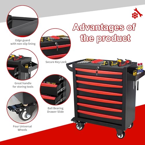 Rolling Tool Chest, Metal Tool Box with 5 Drawers, Lockable Garage Storage Cabinets Sliding Tool Drawer Cart on Wheels Toolbox Organization Workbench for Workshop Warehouse Repair Shop