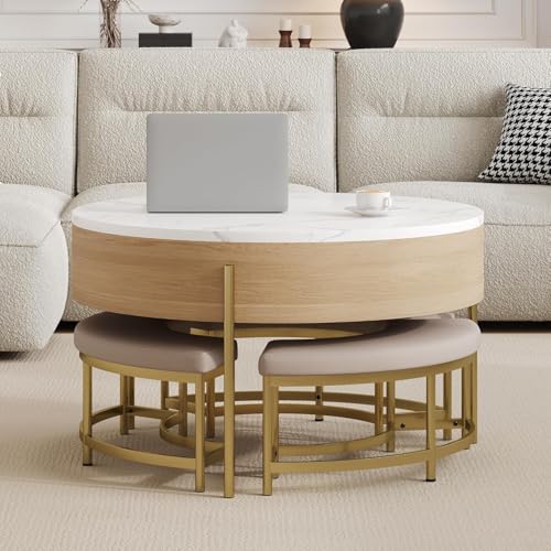 Linique Modern Round Lift-Top Coffee Table with Storage and 3 Ottoman, White + Black