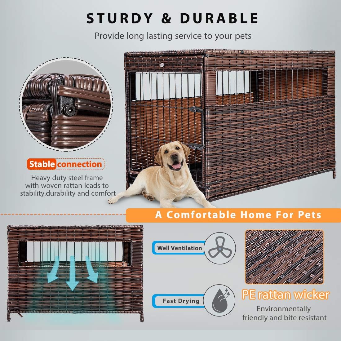 DEStar Heavy Duty PE Rattan Wicker Pet Dog Cage Crate Indoor Outdoor Puppy House Shelter with Removable Tray and UV Resistant Cover