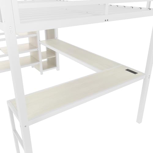 SOFTSEA Queen Size Metal Loft Bed with L-Shaped Desk and Wardrobe, Metal Bed Frame with USB and Adjustable Shelf, High Loft Bed with LED for Bedroom, No Box Spring Needed, White Wood Grain