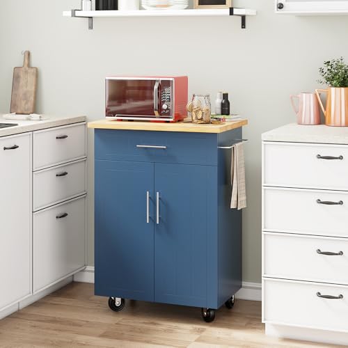 Shintenchi Kitchen Island Cart with Storage,Rolling Side Table on Wheels with Large Worktop, Cabinet,Towel Rack and Drawers for Kitchen,Dinning Room, White