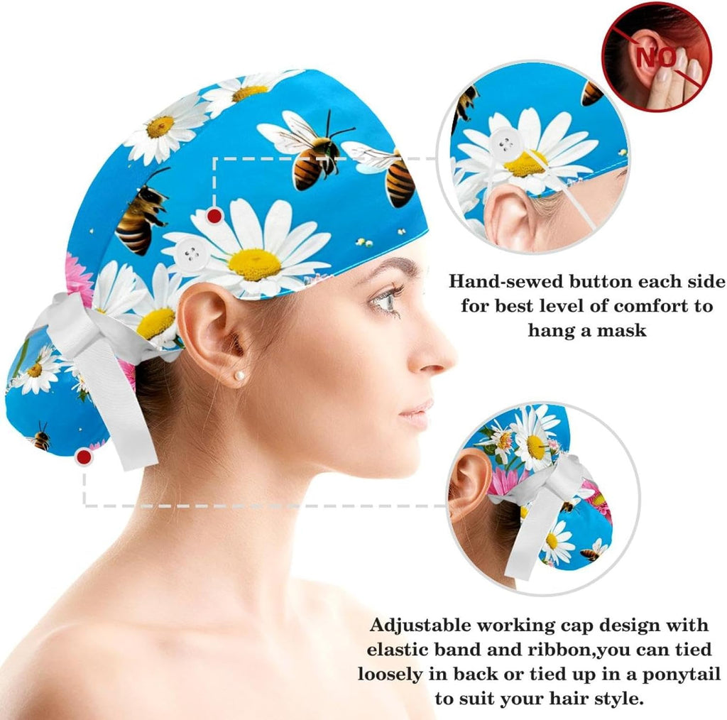Scrub Surgical Hat,Cycling Hat with Buttons and Cotton Sweatband,Peach Blossom Spring Butterfly
