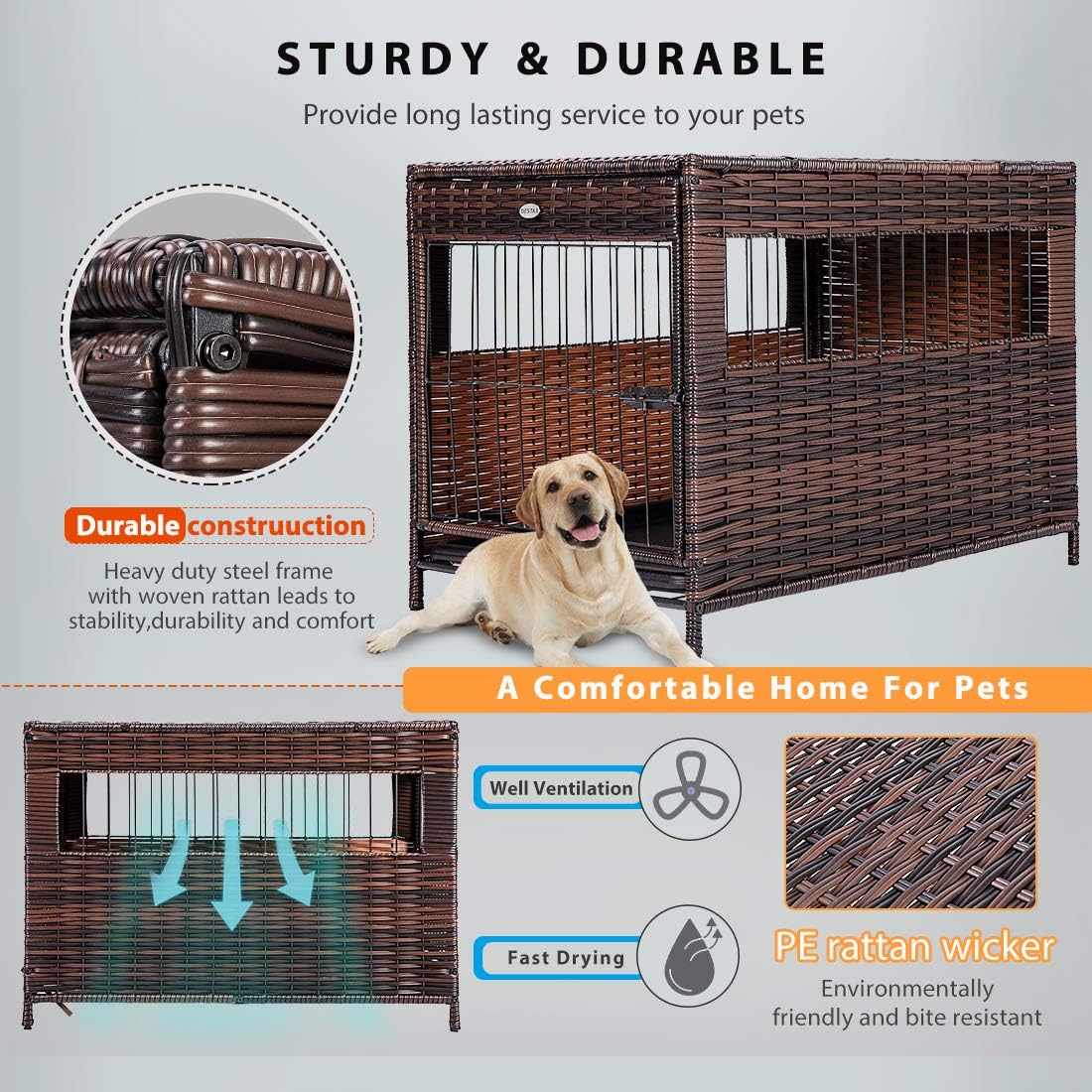DEStar Heavy Duty PE Rattan Wicker Pet Dog Cage Crate Indoor Outdoor Puppy House Shelter with Removable Tray and UV Resistant Cover