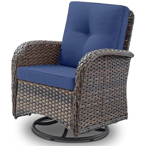 Patio Wicker Chairs Swivel Rocker - Outdoor Swivel Rocking Chairs Set of 2 with Rattan Side Table, Patio Swivel Glider Chair 3 Piece Patio Furniture Sets for Deck Porch Pool Brown/Blue