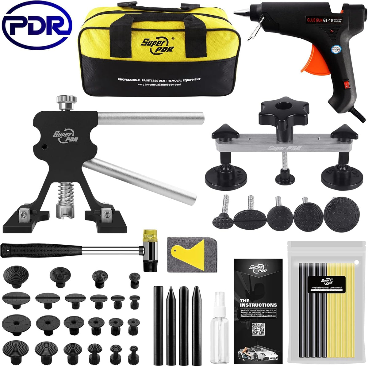 Super PDR Paintless Dent Repair Kit, Black Dent Remover Tool Auto Body Dent Removal Kit with Double Pole Bridge Dent Puller for Auto Body Tools