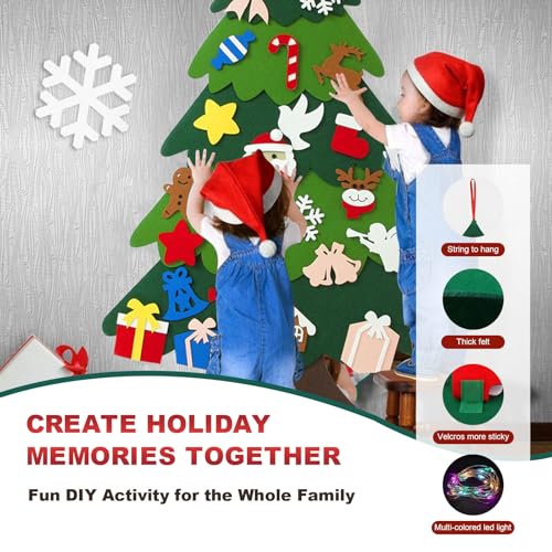 Felt Christmas Tree for Toddlers, 3.2ft DIY Felt Christmas Tree Set, with 5M LED String Lights, 32Pcs Detachable Tree Ornaments, Wall Decor with Hanging Rope for Kids Xmas Gifts Home Door