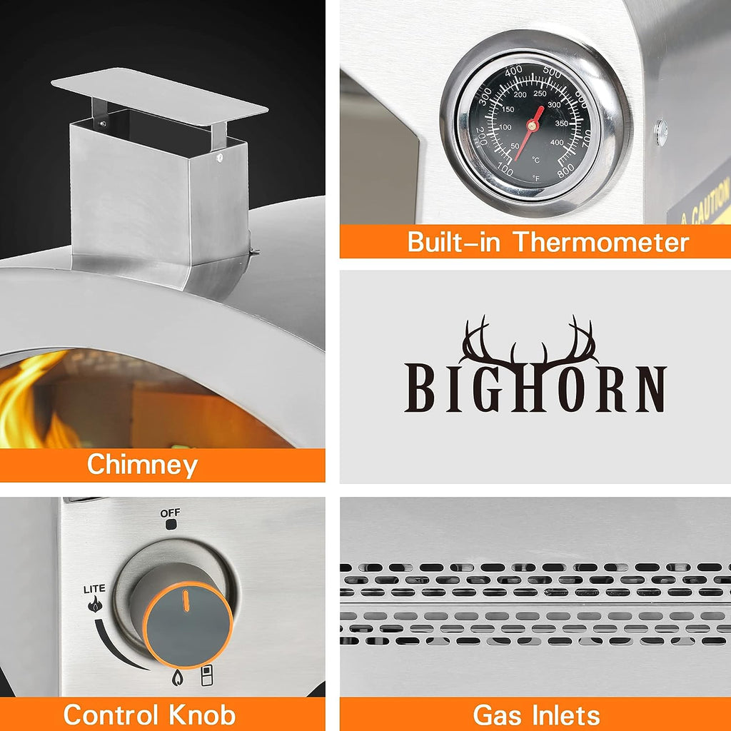 BIG HORN OUTDOORS Gas Pizza Oven, Portable Propane Pizza Oven with 13 inch Pizza Stone, Stainless Steel Pizza Maker for Outdoor Cooking