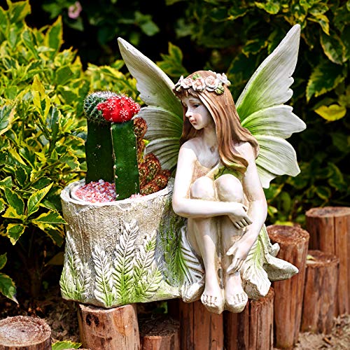 Fairy Planter Flower Pots, Girl Succulent Plant Pot Garden Figurine Outdoor for Patio Lawn Yard Decoration, Hand Painted Resin Figurines, 11.2 inch H