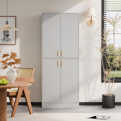 Cozy Castle Kitchen Pantry Cabinet, 71 Tall Wood Storage Cabinet with Doors and Shelves 4 Doors Freestanding Cupboard Utility Hutch for Dining Room Living Room Bathroom Furniture, Gray