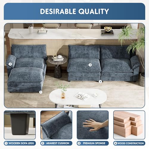 YESHOMY Sectional Modular Sofa U Shaped Chenille Fabric Couch with High Supportive & Soft Sponges and Removable Ottoman, Sleeper Comfy Upholstered Furniture for Living Room, Grey