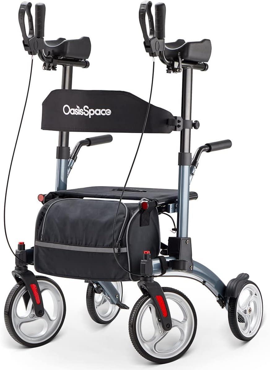 OasisSpace Upright Walker with Seat - Up Walker with Padded Armrest & Stand Up Handles, Ultra Folding Stand Up Rollator Walker for Seniors with 10?? Front Wheels