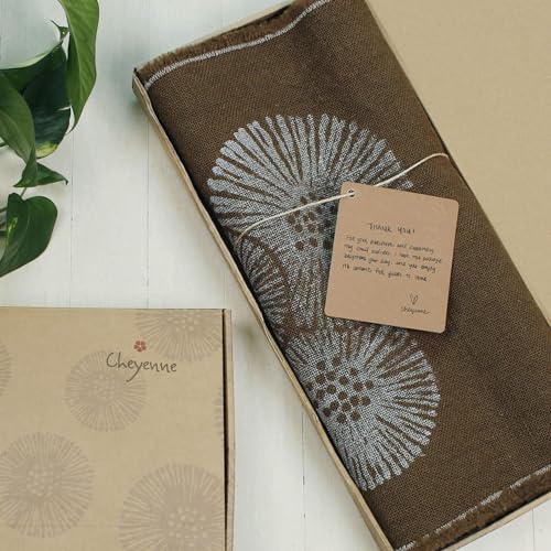 Cheyenne Burlap Linen Table Runner ?C Hand Printed ?C 100% Linen ?CFringed Edge- Prewashed, Pre-shrunk, and Machine Washable ?C Chocolate Brown (14X36, White Dandelion)