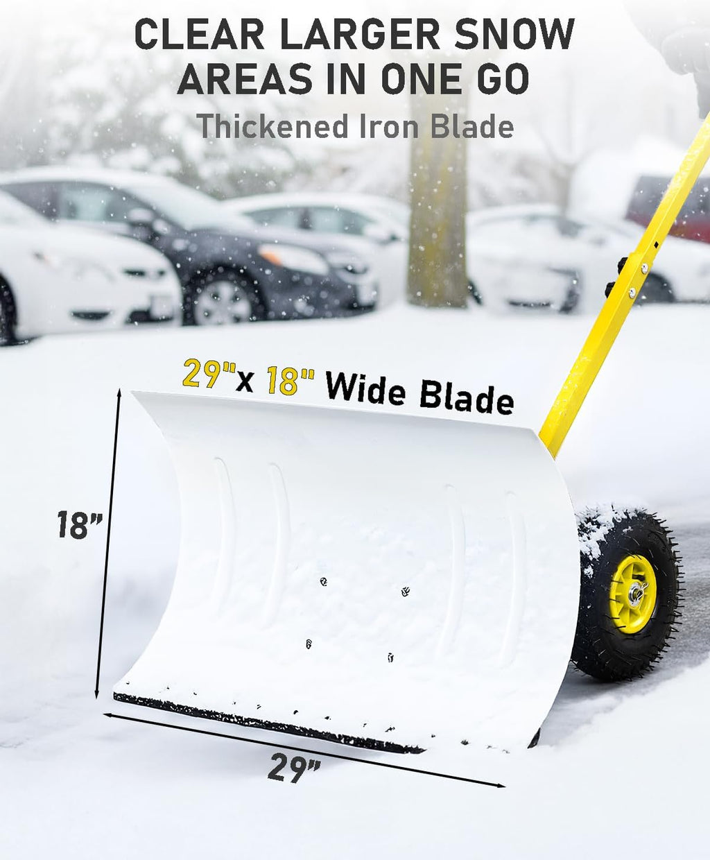 Outvita Snow Shovel with Wheels, 29 Wide 18 Long Snow Plow Shovel Angle & Height Adjustable Padded Handle Efficient Snow Clean Tool for Driveway or Pavement (Yellow)