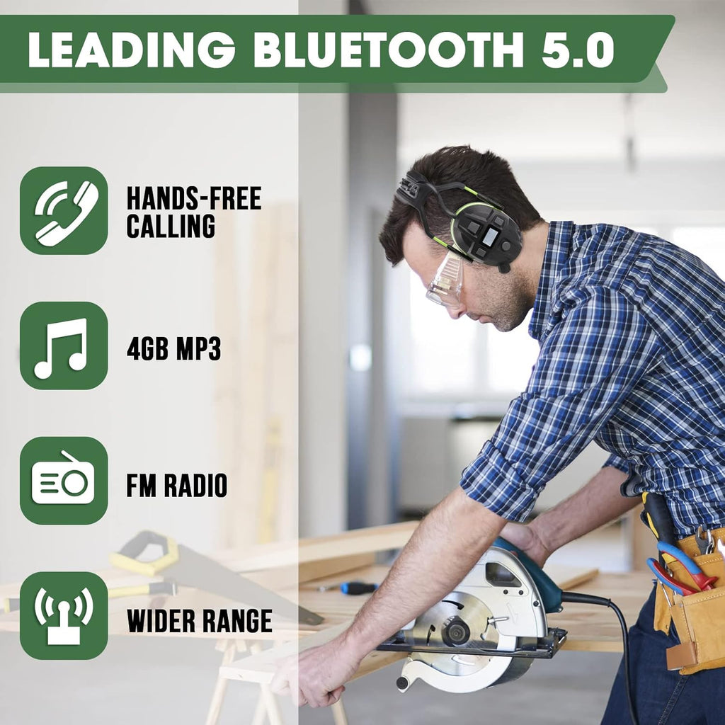 Bluetooth Hearing Protection, FM MP3 Noise Reduction Radio Headphones with 29dB NRR, Safety Ear Muffs with Bluetooth Radio, Wireless Cancelling Bluetooth Rechargebale FM Radio Headphones, Green