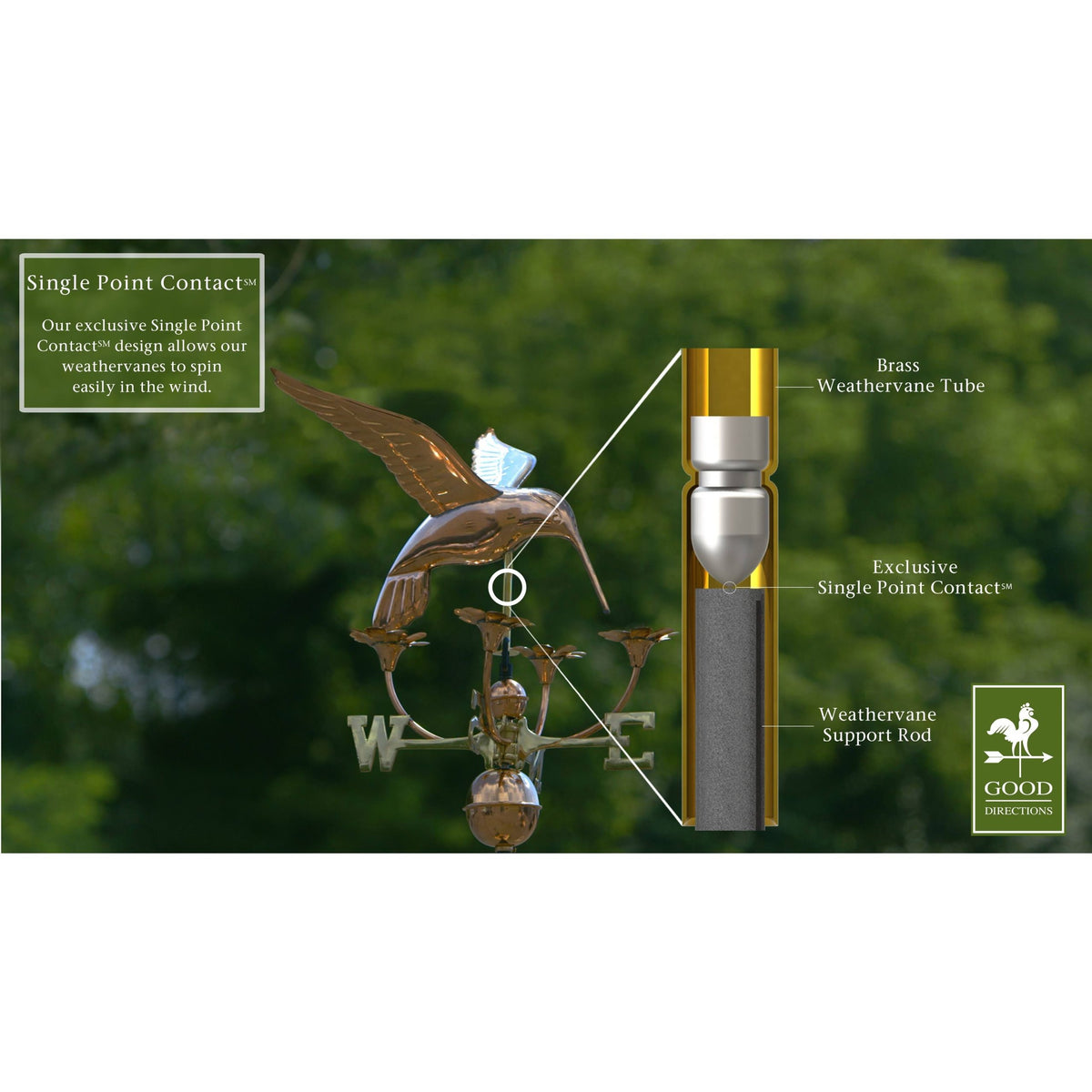 Good Directions Hummingbird with Flowers Weathervane Polished Copper