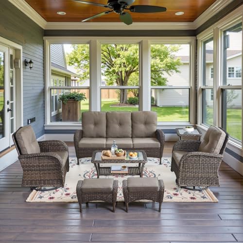 Patio Wicker Chairs Swivel Rocker - Outdoor Swivel Rocking Chairs Set of 2 with Rattan Side Table, Patio Swivel Glider Chair 3 Piece Patio Furniture Sets for Deck Porch Pool Brown/Blue