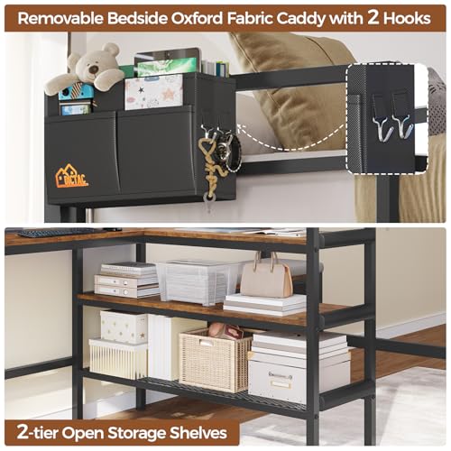 DICTAC Twin Loft Bed with L-Shaped Desk,Storage Shelves and Charging Station Metal Loft Bed Twin Size with LED Lights,Coat Rack with Drawers and Stair,Top Bunk with Safety Guardrail for Teen,Black
