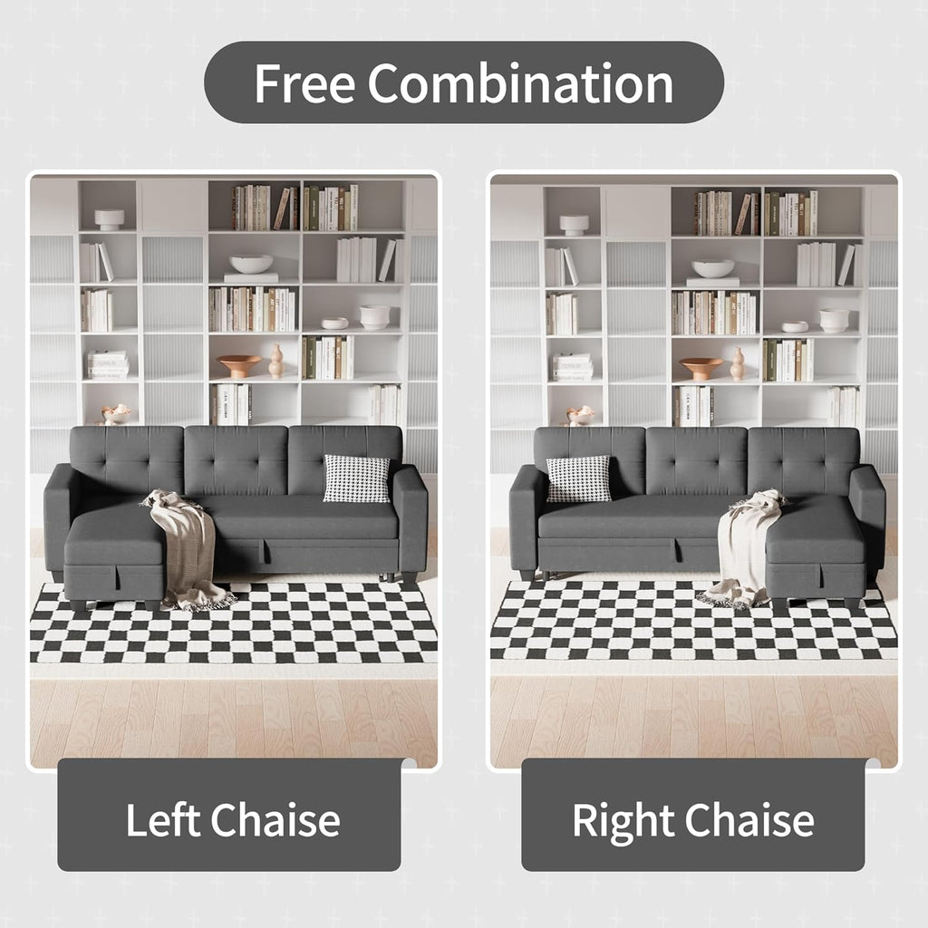 Sleeper Sofa Pull Out Couch with Storage Chaise Lounge Convertible Sectional Sofa L-Shape Modern Fabric Sofa Bed for Living Room, Apartment, Small Spaces, Dark Gray
