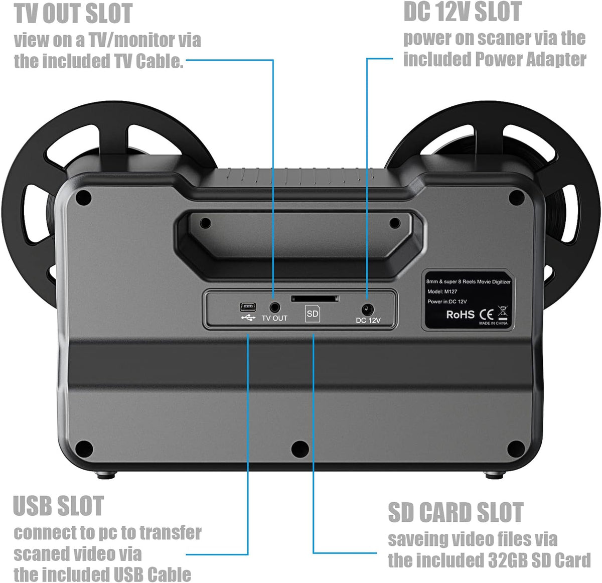 8mm Super 8 Reels to Digital MovieMaker Film Scanner Converter, Pro Film Digitizer Machine with 2.4 LCD, Silver (Convert 3 inch and 5 inch Film reels into Digital) with 32 GB SD Card