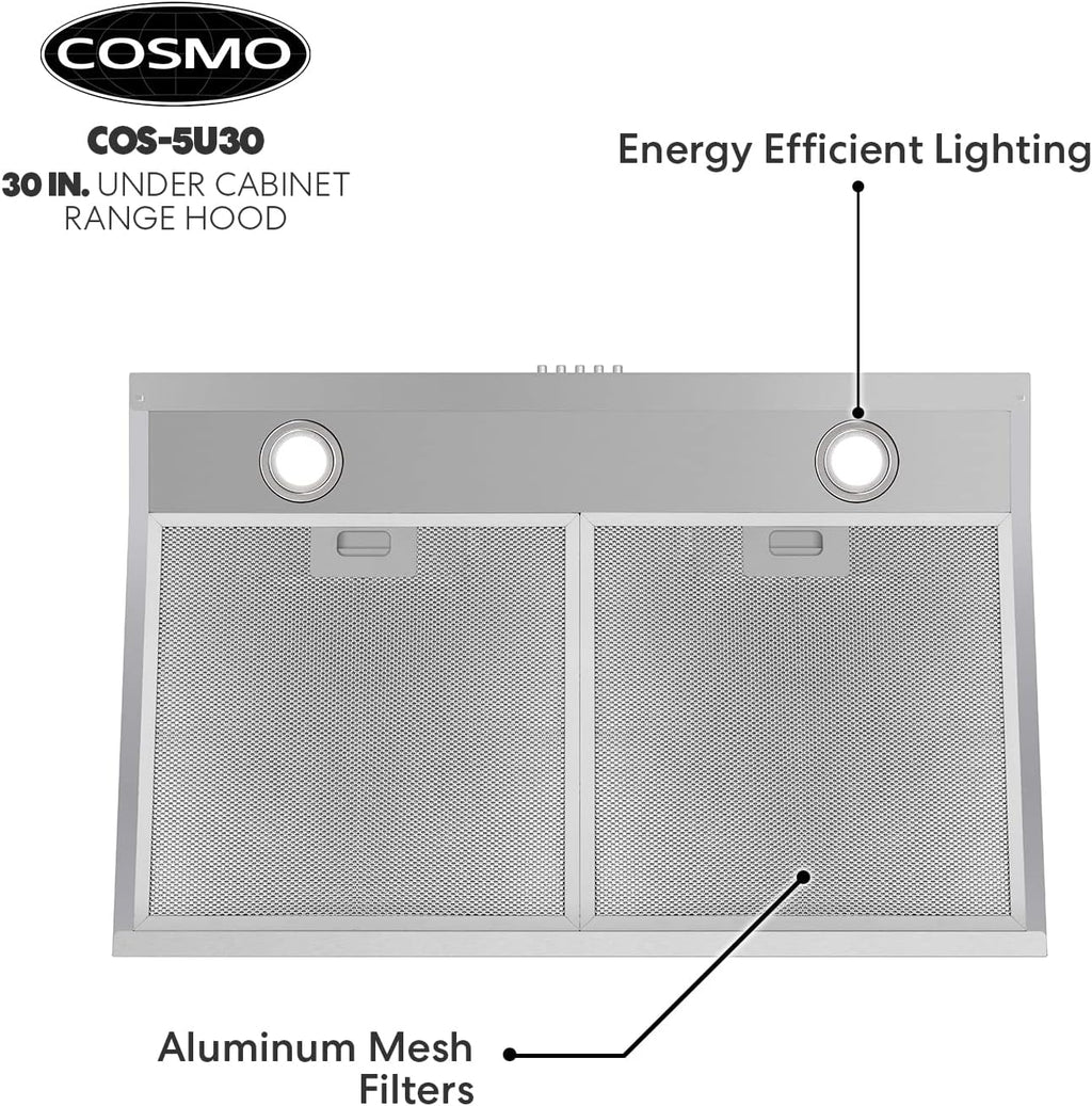 Cosmo 5U30 30 in. Under Cabinet Range Hood with Ducted / Ductless Convertible Slim Kitchen Over Stove Vent, 3 Speed Exhaust Fan, Reusable Filter, LED Lights in Stainless Steel