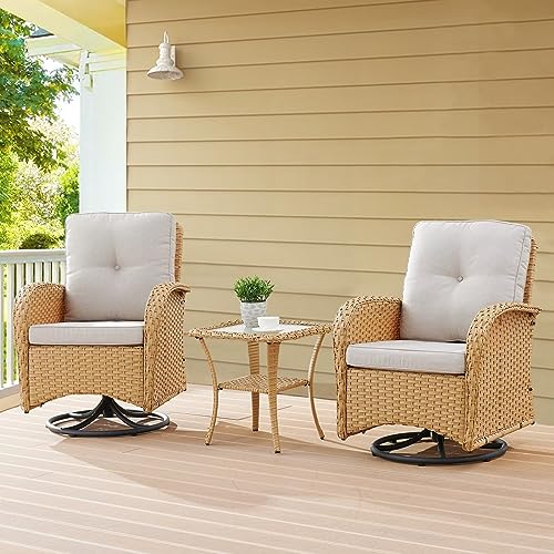 Patio Wicker Chairs Swivel Rocker - Outdoor Swivel Rocking Chairs Set of 2 with Rattan Side Table, Patio Swivel Glider Chair 3 Piece Patio Furniture Sets for Deck Porch Pool Brown/Blue