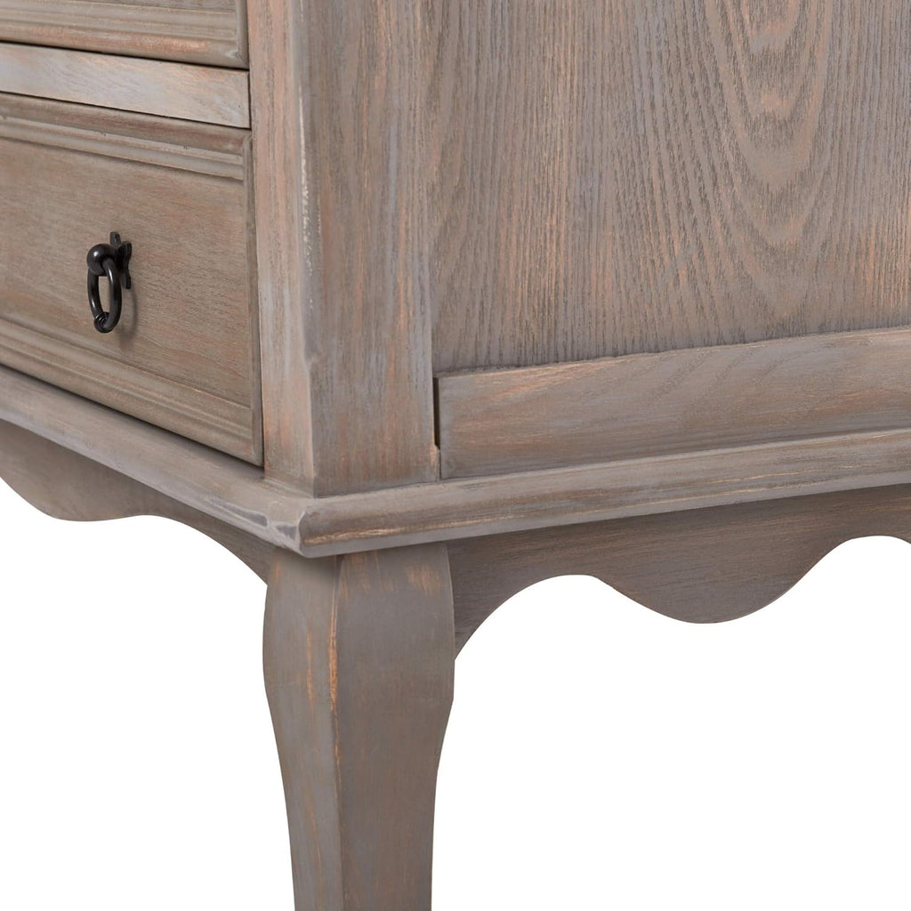 ClickDecor Thomas Antique Country Style Dresser Chest with 3 Drawers, Weathered Wood Nightstand Living Room Accent Furniture, Black Ring Handle, Curved Legs, Gray