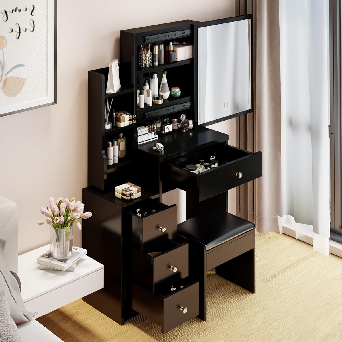 CIATRE Small Space Left Bedside Cabinet Vanity Table + Cushioned Stool, Extra Large Right sliding mirror, Multi Layer High Capacity Storage, Practical Fashionable Dresser, Black