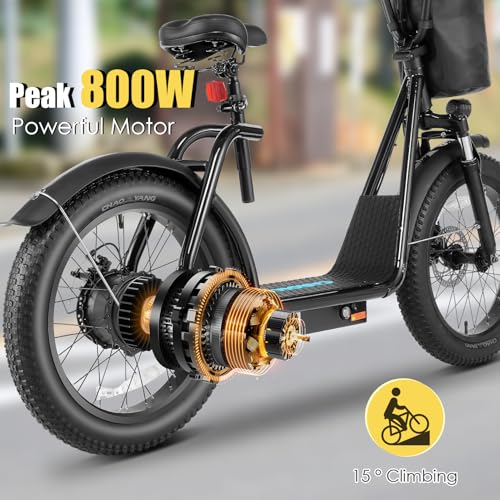 Caroma Peak 800w Electric Scooter Adults 20X3 Fat Tire, 20 MPH Top Speed & 30 Miles Range, Off-Road E Scooter w/Adjustable Seat & Detachable Basket, Foldable Ebike w/Shock Absorption for Commuting