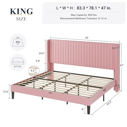 Allewie Queen Size Velvet Bed Frame/Vertical Channel Tufted Wingback Headboard/Upholstered Platform Bed/Strong Wooden Slats/No Box Spring Needed/Easy Assembly/Black