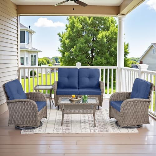 Patio Wicker Chairs Swivel Rocker - Outdoor Swivel Rocking Chairs Set of 2 with Rattan Side Table, Patio Swivel Glider Chair 3 Piece Patio Furniture Sets for Deck Porch Pool Brown/Blue