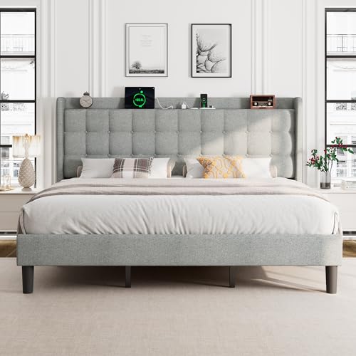 Queen Bed Frame, Upholstered Platform Bed with Charging Station, Modern Wingback Storage Headboard, Solid Wood Slats Support, No Box Spring Needed, Dark Gray